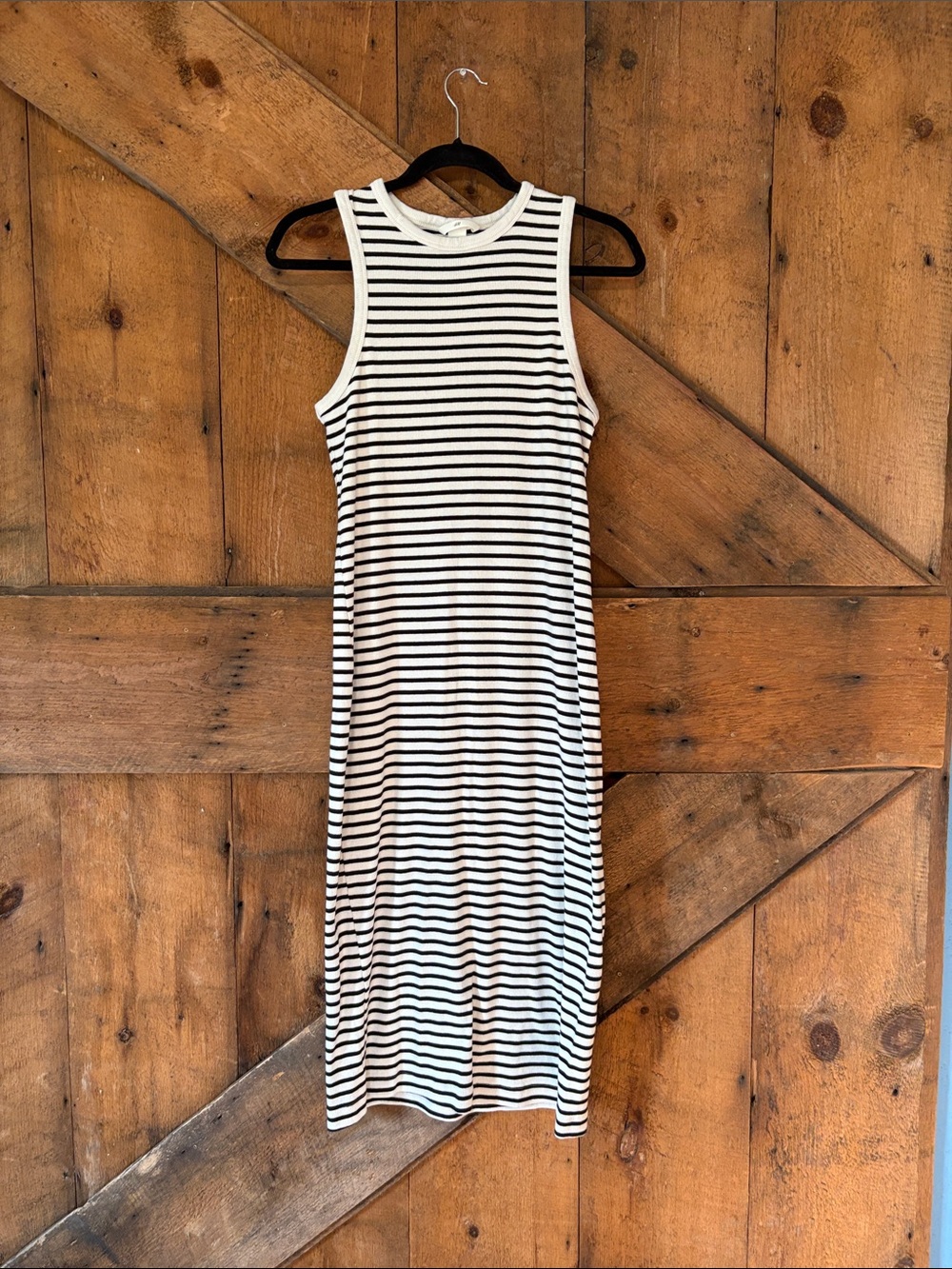 H&M Black and White Striped Ribbed Midi Dress